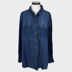 Terre Bleue Womens XL Dark Blue Chambray Button Front Top 100% Lyocell